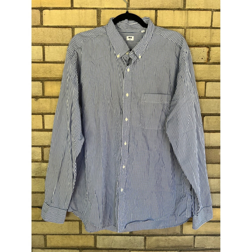 Uniqlo Mens Blue White Striped Button Down Long Sleeve Shirt Dress Shirt XL